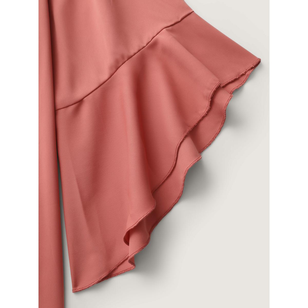 Plus Size Coral Textured Ruffled Sleeve Flowy Blouse Women Romantic Elbow-length sleeve Flat collar with V-notch Elegant Blouses BloomChic 18-20/2X Product Image