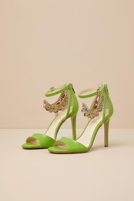 Jetser Lizard Green Textured High Heel Ankle Strap Sandals Product Image