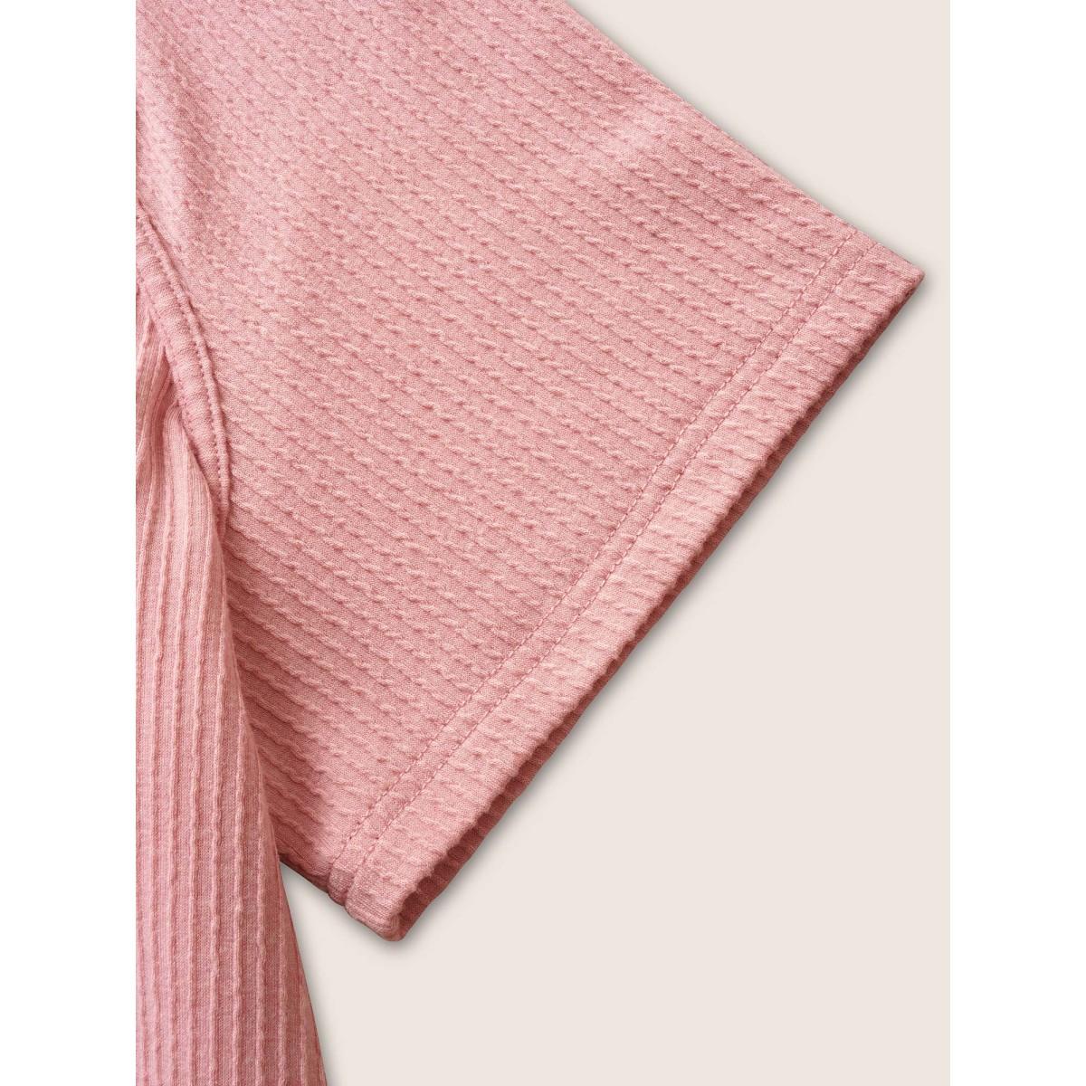 Plus Size Plain Textured Raglan Sleeve Split Hem T-shirt Pink Women Casual Patchwork V-neck Everyday T-shirts BloomChic 12/L Product Image