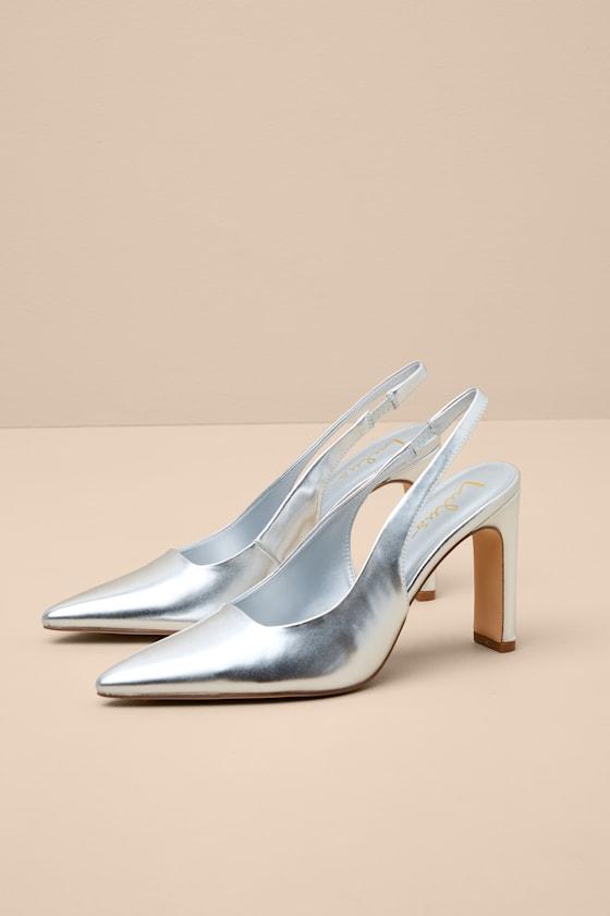 Honorata Silver Pointed-Toe Slingback Pumps Product Image