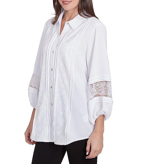 Ruby Rd. Woven Point Collar 3/4 Lace Inset Sleeve Button-Front Top Product Image