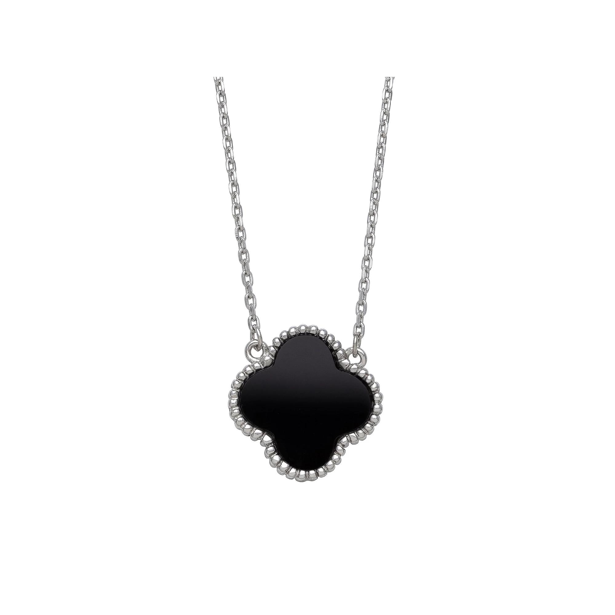 Sterling Silver Black Agate Round Clover Pendant Necklace, Womens Product Image