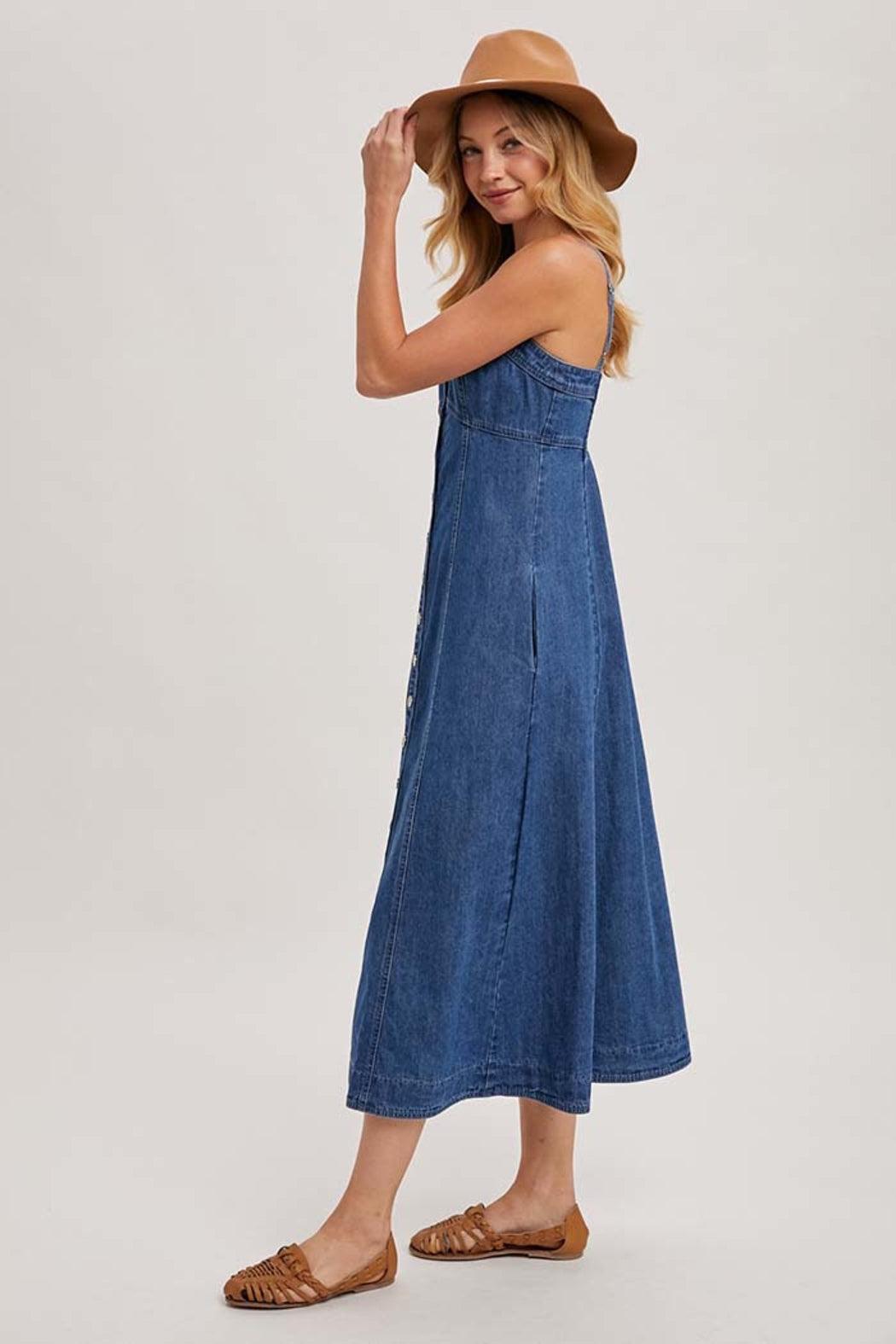 Button Down Sleeveless Denim Midi Dress Product Image