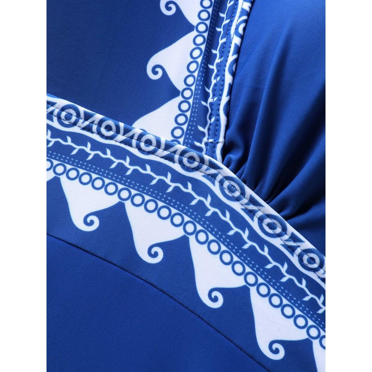 Plus Size Two-Piece Ocean Print Swimsuit Women's Swimwear Mediumblue Resort Tie knot Curve Bathing Suits High stretch One Pieces BloomChic 30/6X Product Image