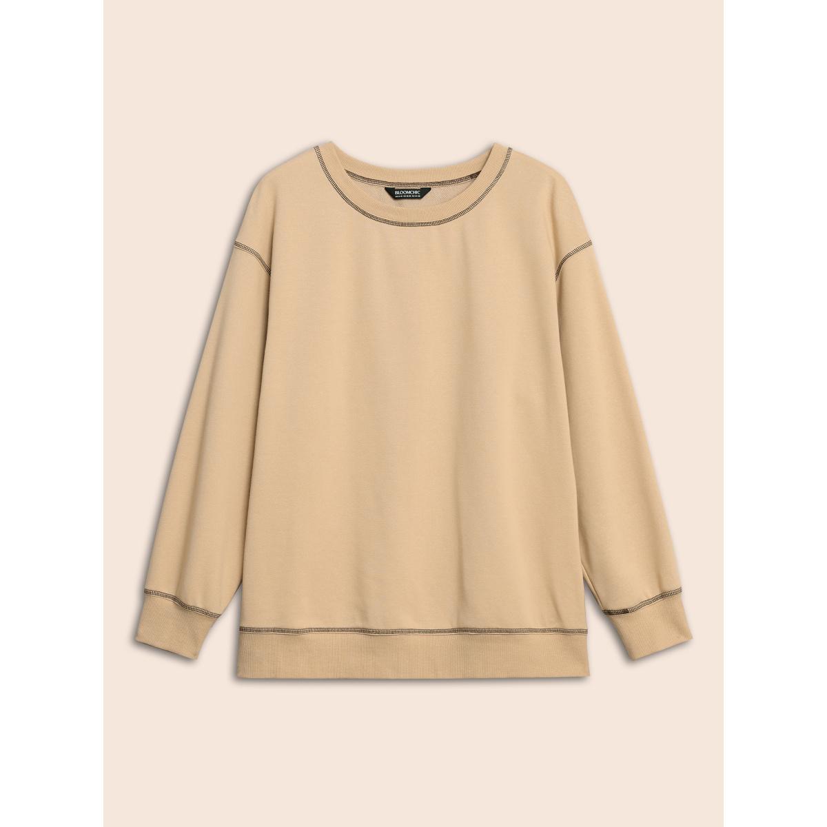 Plus Size Round Neck Topstitching Patchwork Sweatshirt Women Champagne Casual Topstitching Round Neck Everyday Sweatshirts BloomChic 26/4X Product Image