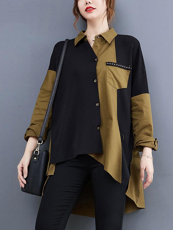 Artistic Retro Loose Split-Joint With Pocket Buttoned Lapel Collar Long Sleeves False Two Blouse Product Image