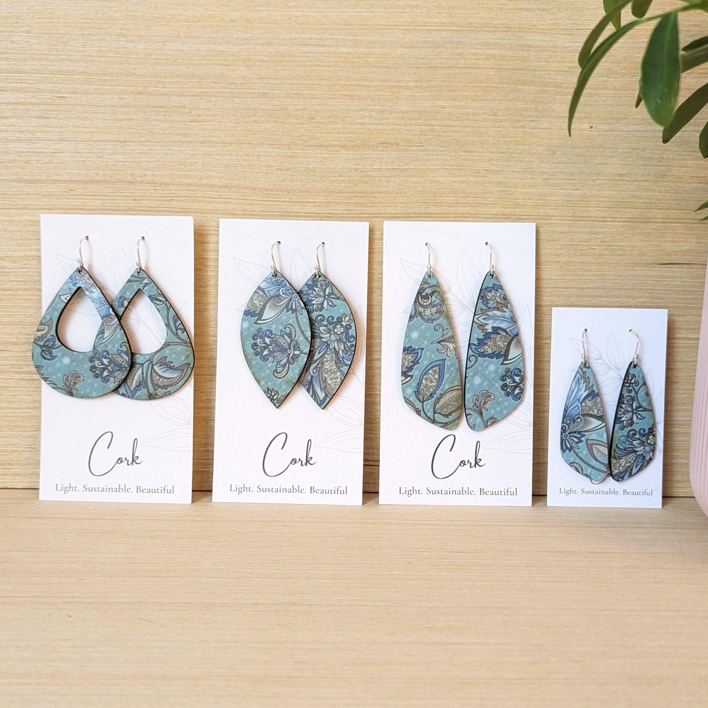 Olive and Teal Floral Cork Earrings - Leaf: Sterling Silver Product Image