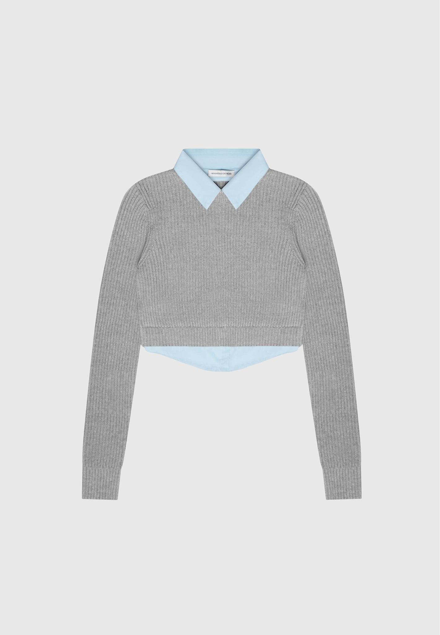 Knitted Jumper with Shirt Detail - Blue/Grey Female Product Image