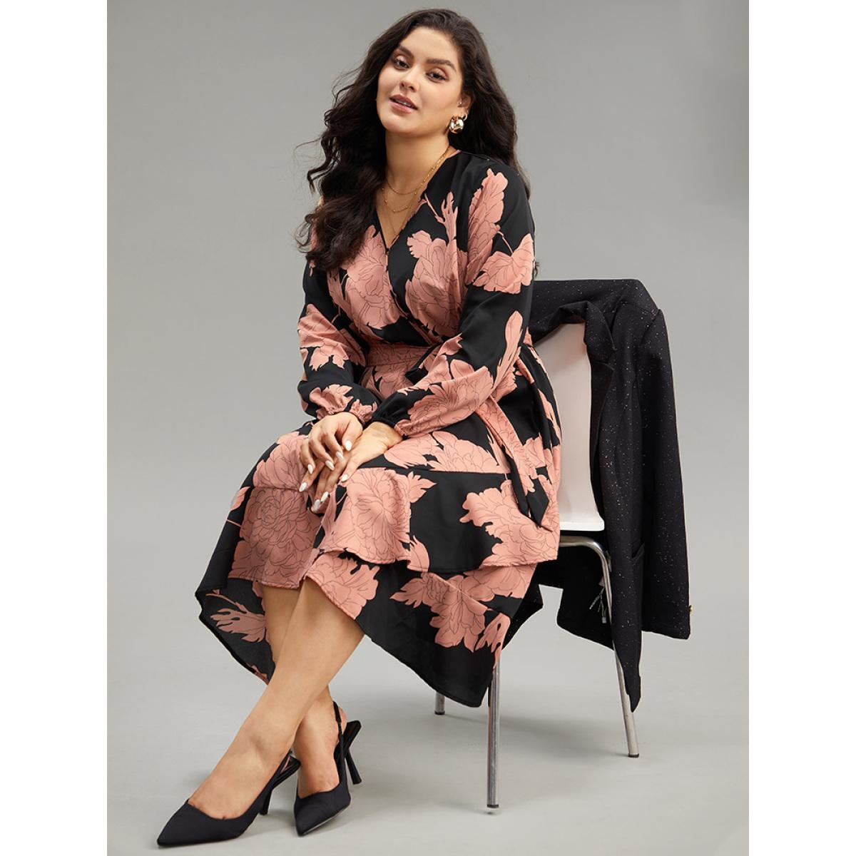 Plus Size Floral Print Belted Wrap Hem Midi Dress Black Women Elegant Elastic cuffs Overlap Collar Long Sleeve Curvy Midi Dress BloomChic 22-24/3X Product Image
