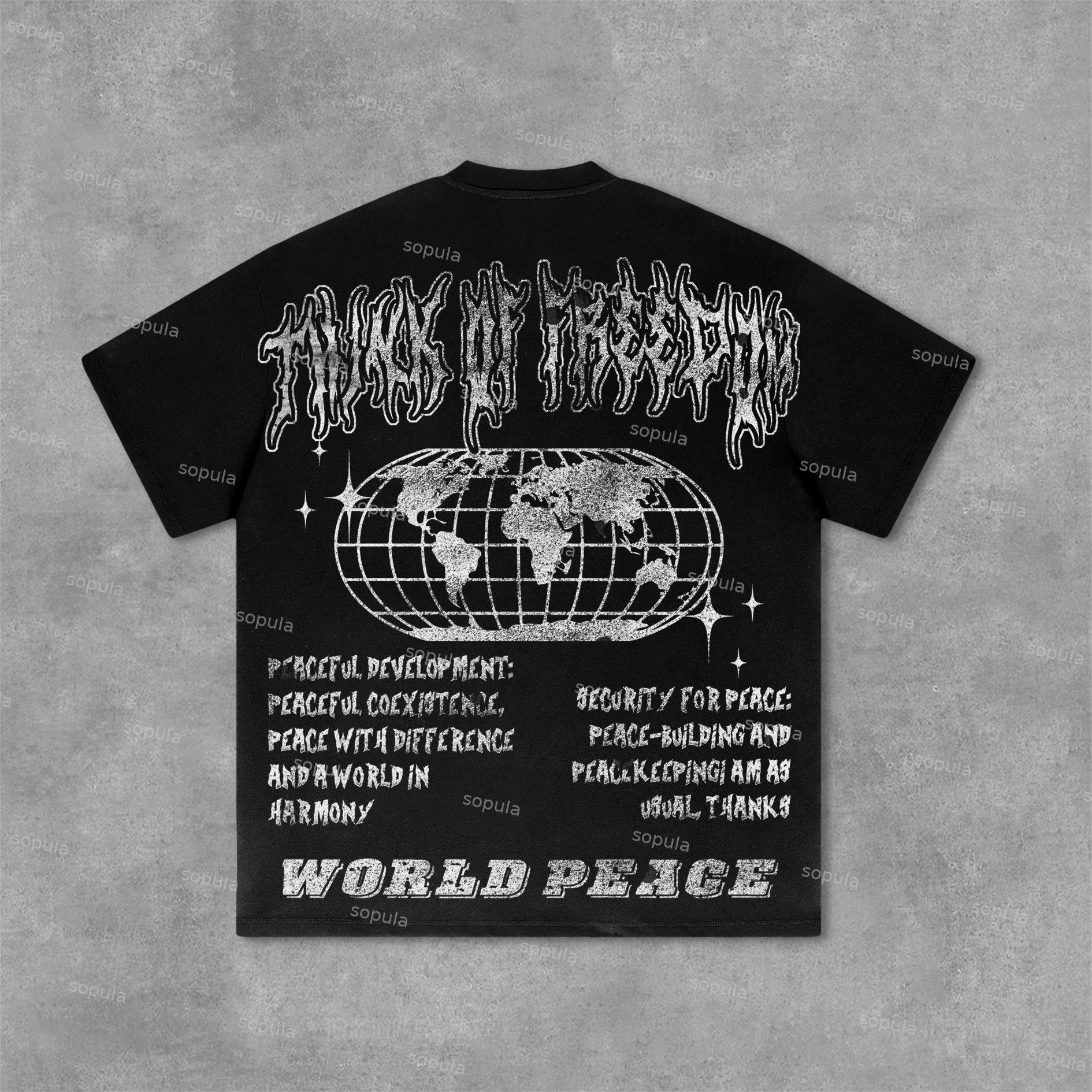 World Pacifist Anti-War Skull Print Graphics Cotton T-Shirt Product Image