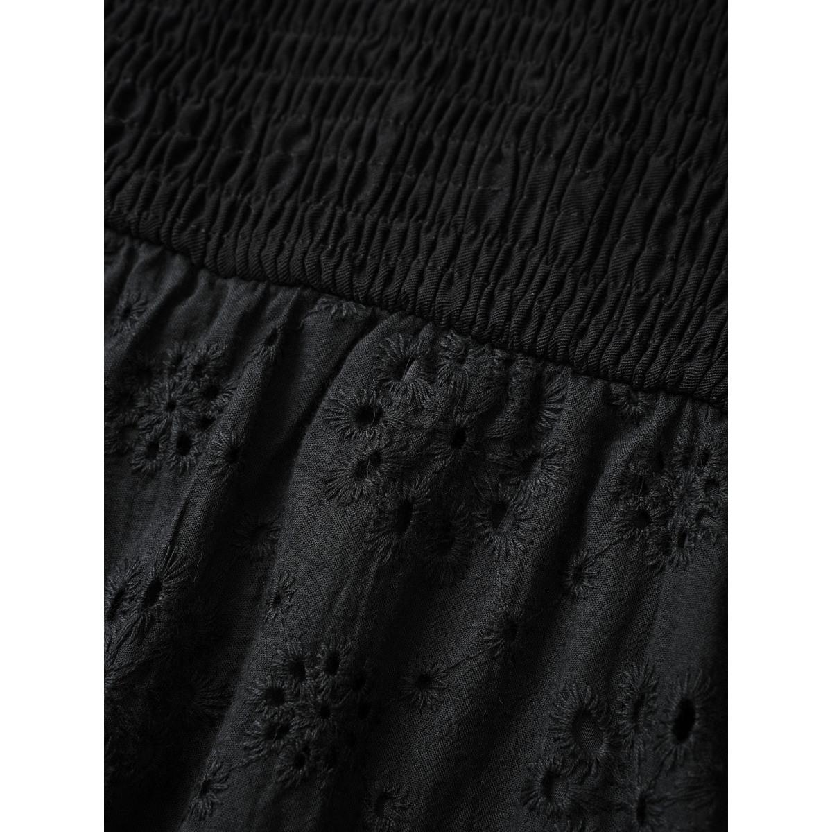 Plus Size Black Broderie Anglaise Patchwork Lantern Sleeve Shirred Blouse Women Resort Short sleeve Square Neck Vacation Blouses BloomChic 12/L Product Image