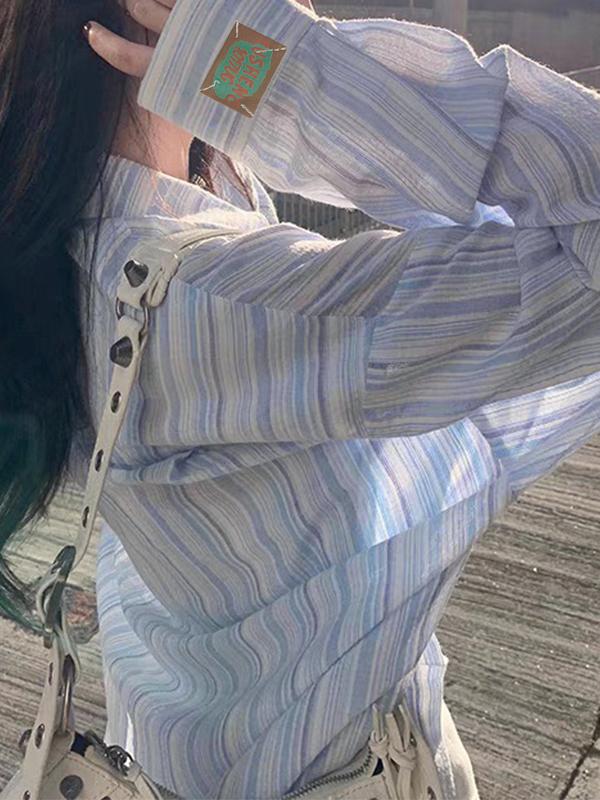 Fresh Stripe Thin Long Sleeve Blouse Product Image