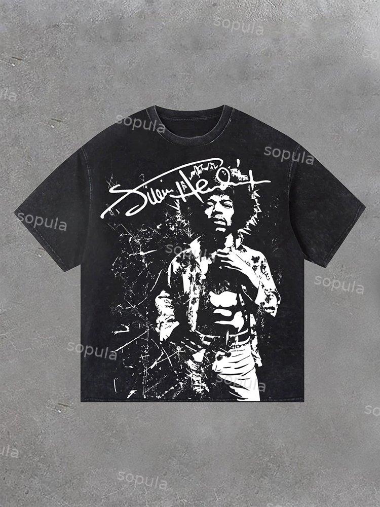 Sopula Retro Jimi Hendrix Print Washed Vintage T-Shirt Product Image