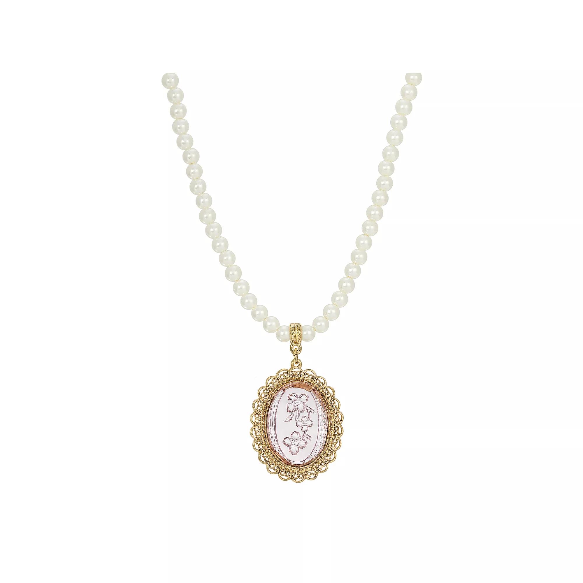 1928 Gold Tone Simulated Pearl Light Purple Intaglio Pendant Necklace, Womens Product Image