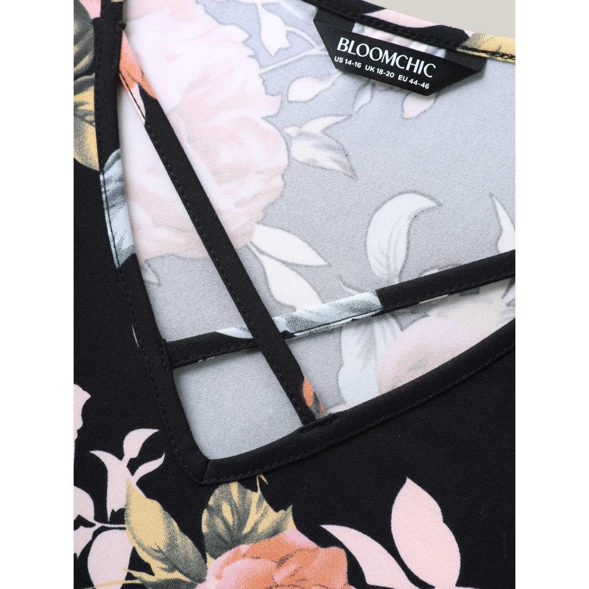 Plus Size Stretchy Larger Flower Print Neck Tie T-Shirt BlackFlower Women Contrast V-neck Everyday-Elegant T-shirts BloomChic 18-20/2X Product Image