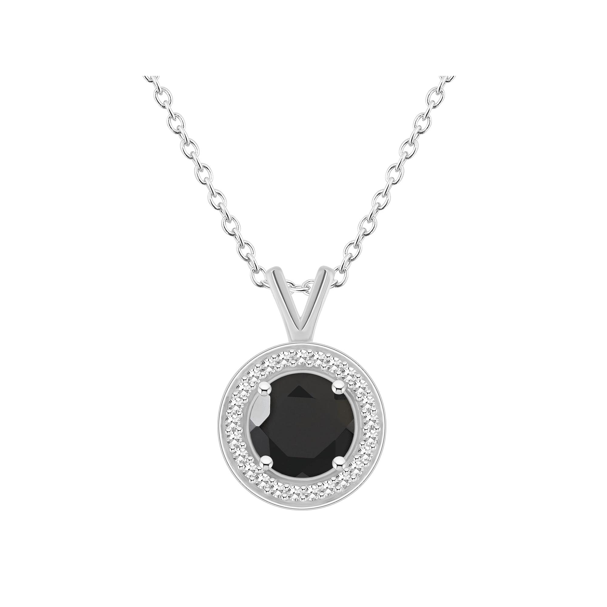 Celebration Gems Sterling Silver Round Gemstone & 1/8 Carat T.W. Diamond Halo Pendant Necklace, Women's, Size: 18", Black Product Image