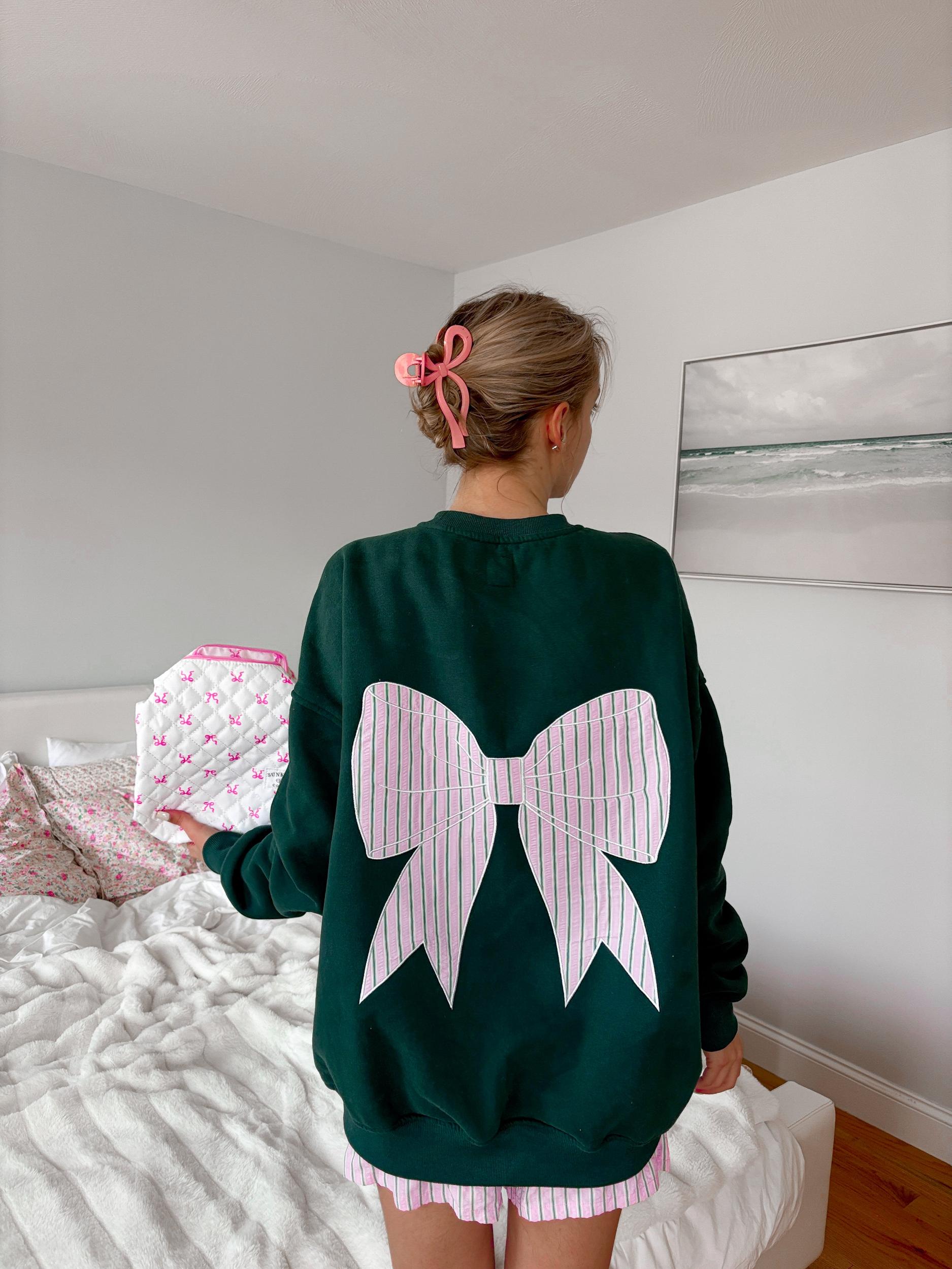 Winter Green Striped Bow Embroider Sweatshirt Product Image