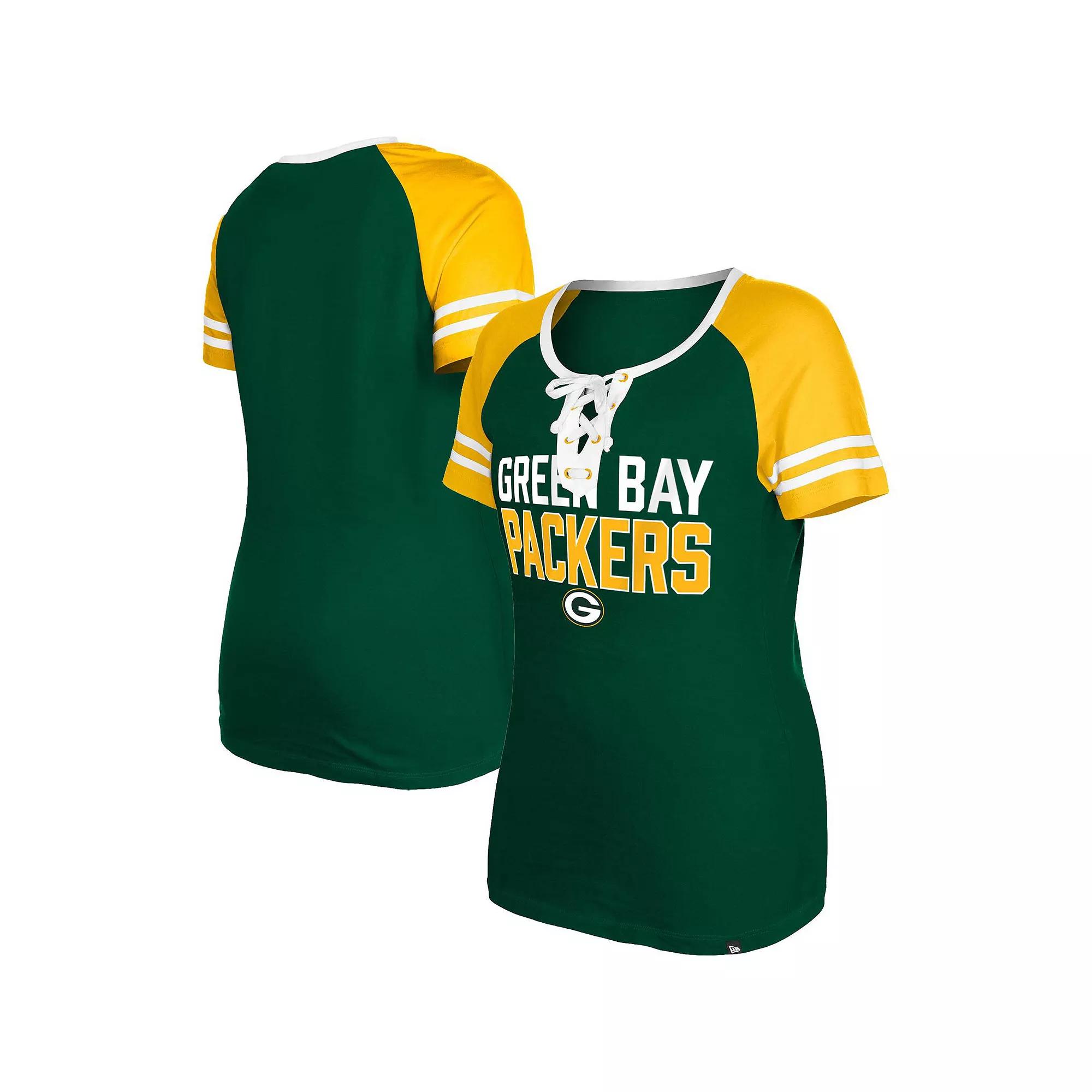 Women's New Era  Green Green Bay Packers Raglan Lace-Up T-Shirt, Size: XS Product Image