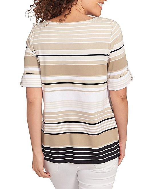 Ruby Rd. Knit Multi Stripe Boat Neck Short Roll-Tab Sleeve Top Product Image