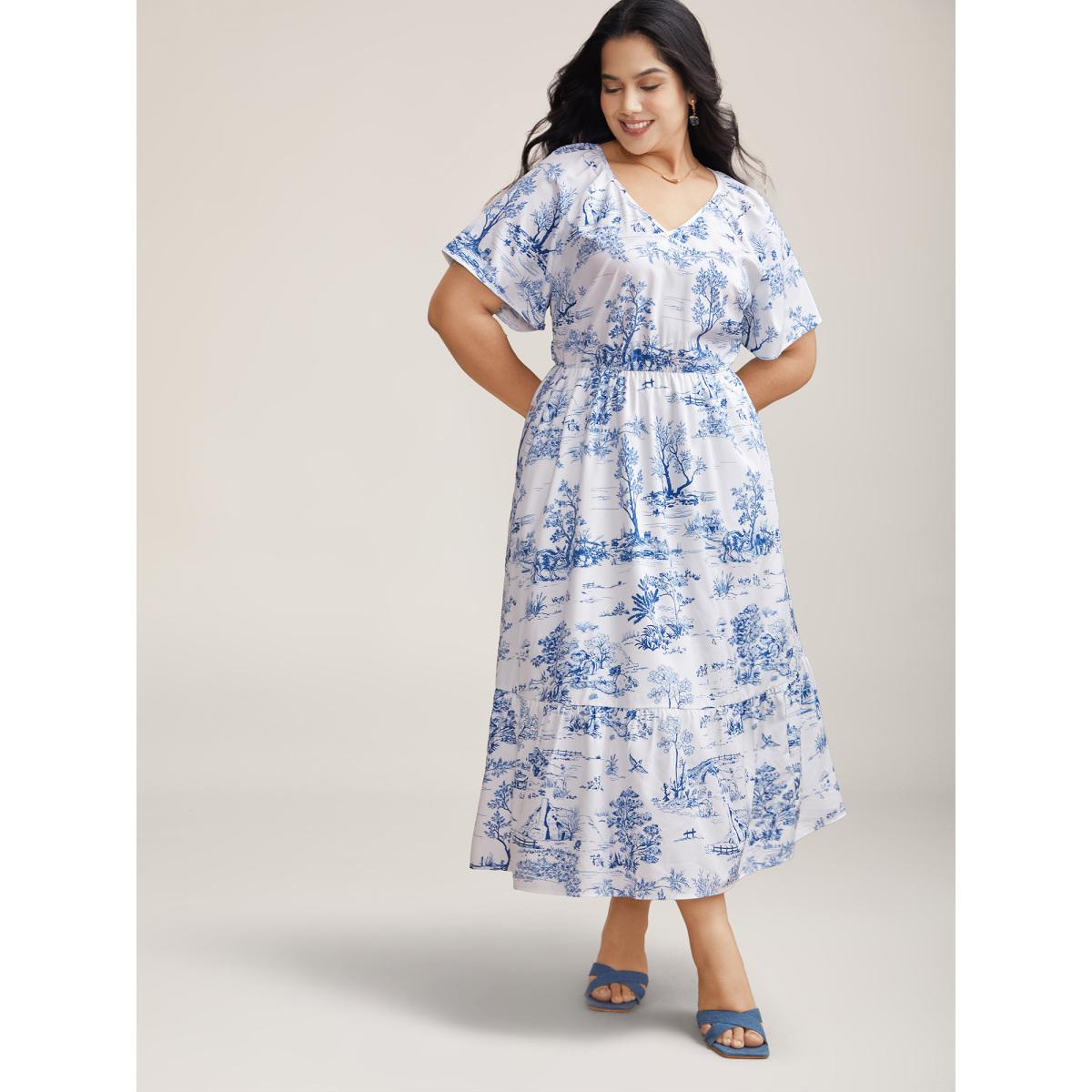 Plus Size Spring Dreams Stretchy-Waist Midi Dress LightBlue Women Elegant Gathered V-neck Short sleeve Curvy BloomChic 18-20/2X Product Image