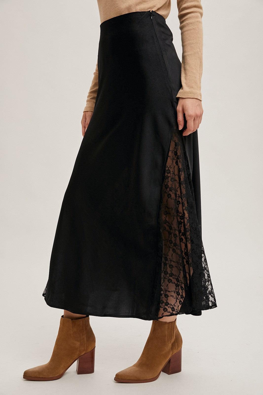 Lace Trimmed Satin Midi Skirt Product Image