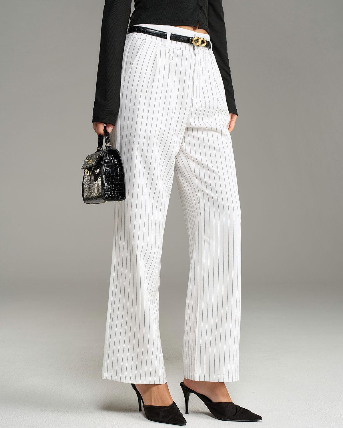 White Striped Straight Casual Pants Product Image