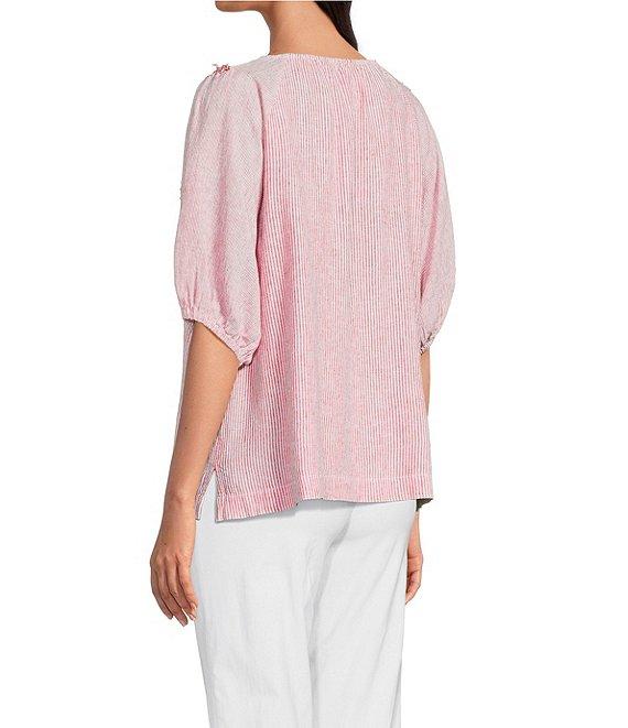 Ali Miles Woven Stripe Linen Blend Yarn-Dyed Split Round Neck Elbow Sleeve Frayed Hem Tunic Product Image
