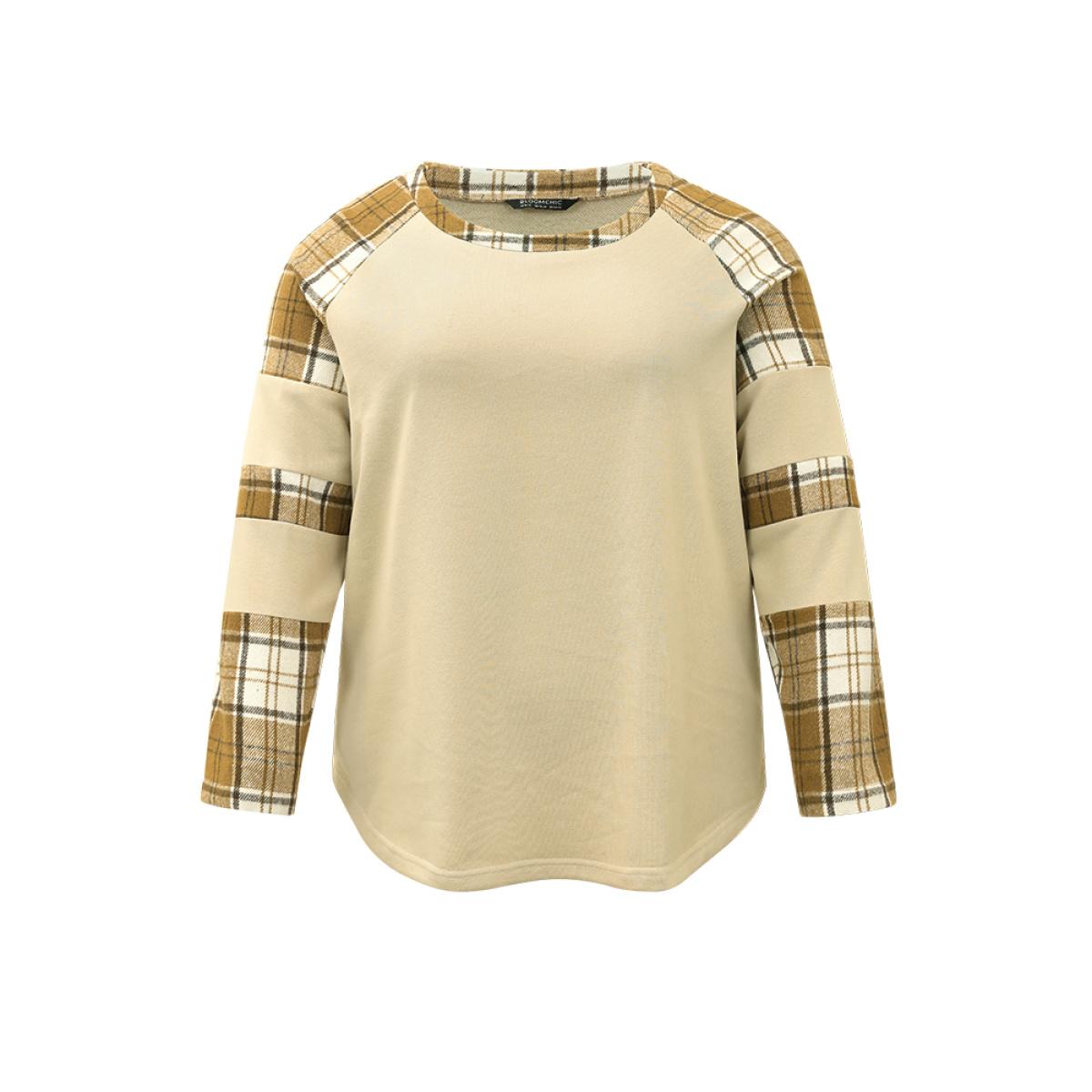 Plus Size Plaid Patchwork Raglan Sleeve Sweatshirt Women Champagne Casual Thick Round Neck Dailywear Sweatshirts BloomChic 10/M Product Image