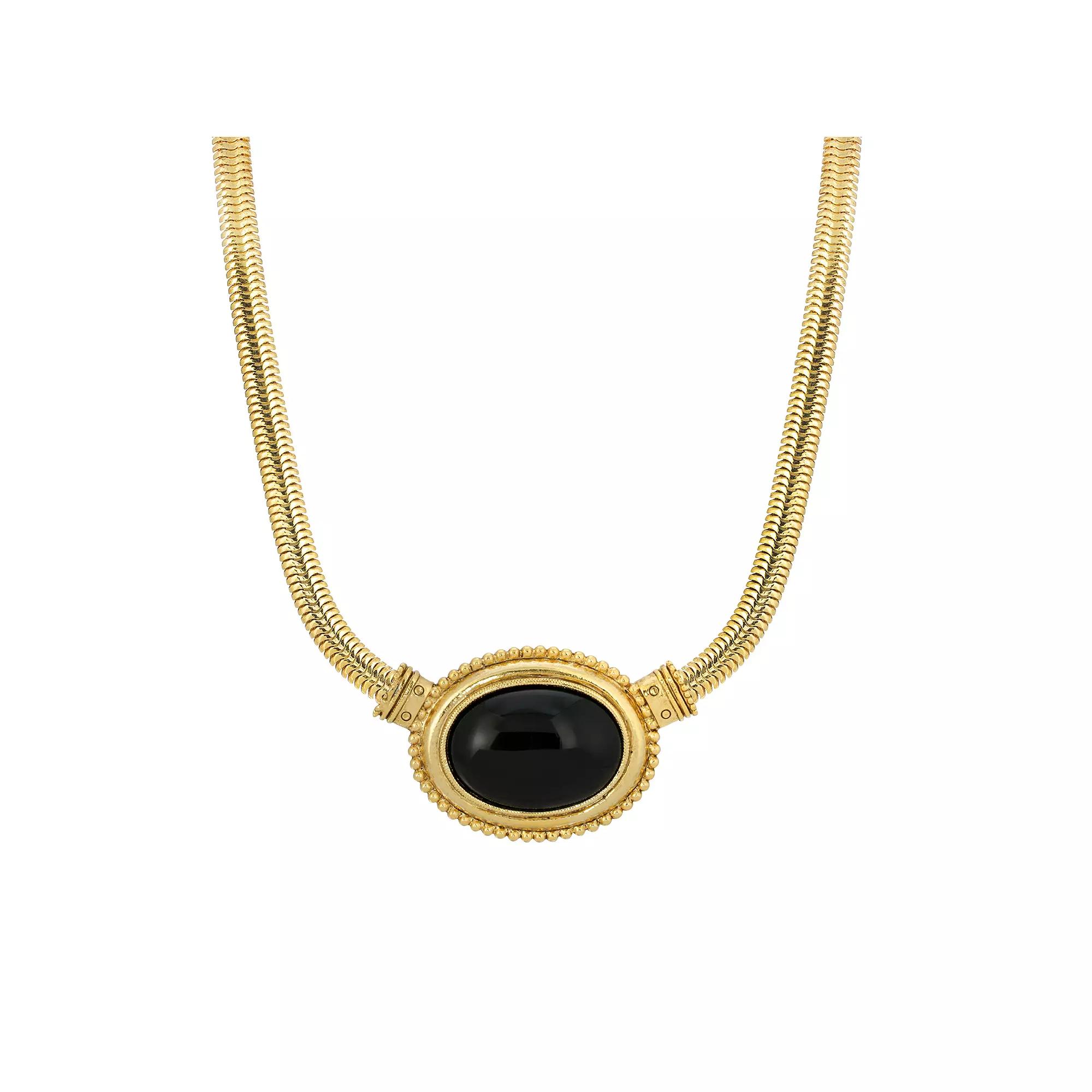 1928 Gold Tone Oval Stone Pendant Necklace, Womens Black Product Image