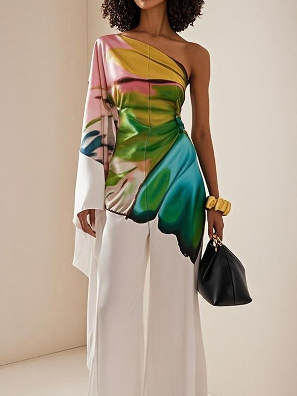 Long Sleeves Loose Flower Print Pleated One-Shoulder Jumpsuits Product Image