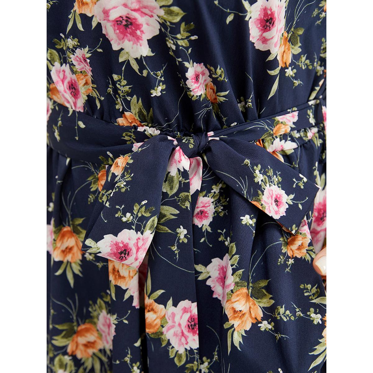 Plus Size Floral Pocket Belted Mesh Insert Flutter Hem Tank Dress Multicolor Women Elegant Belted Round Neck Sleeveless Curvy Knee Dress BloomChic 28/5X Product Image