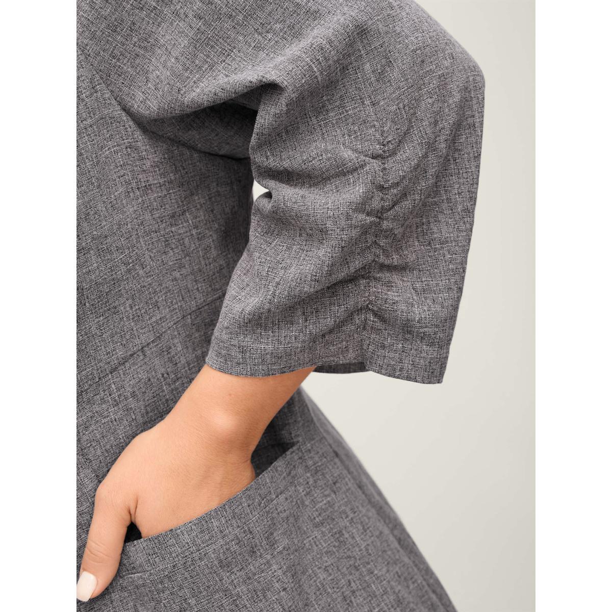 Plus Size Waist-Defining Panels Pockets Solid Blazer Black Women Office Gathered Sleeve Three Quarter Length Sleeve Suit Collar 22-24/3X Slanted pocket Office Blazers BloomChic Product Image