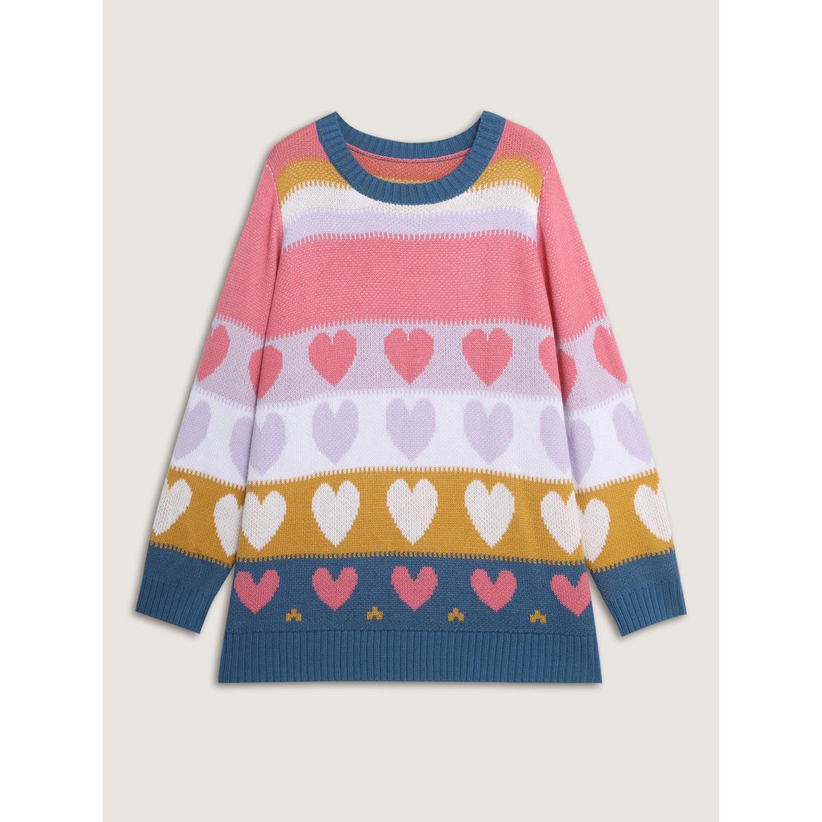 Plus Size Colorful Hearts Jacquard Pattern Pullover Watermelon Women Playful Loose Long Sleeve Round Neck Casual Pullovers BloomChic 28/5X Product Image
