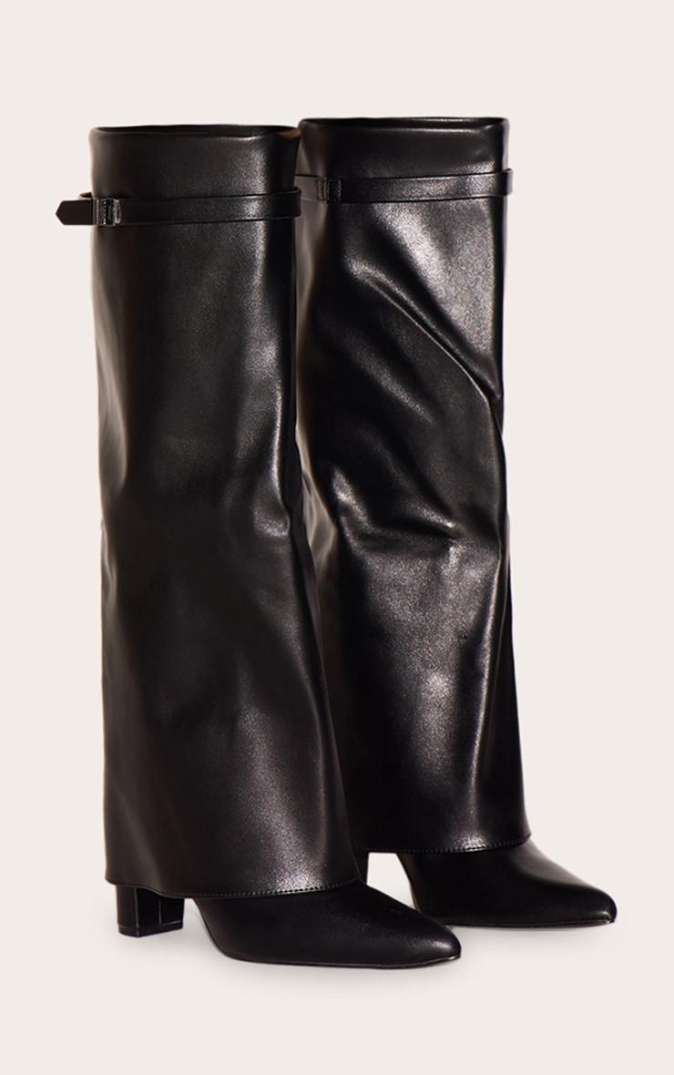 Black Matte PU Point Toe Fold Over Knee High Block Heeled Boots Product Image