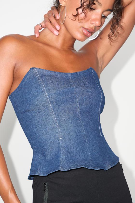 Kessie Dark Wash Denim Bustier Peplum Top Product Image