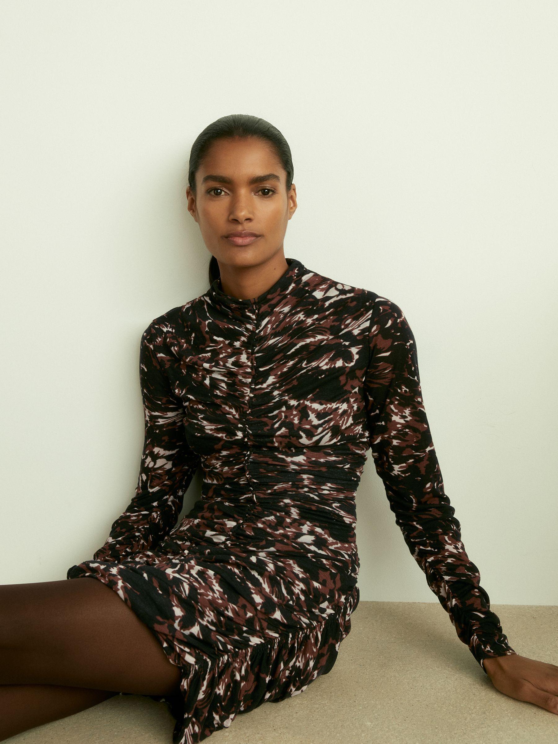 Jersey Ruched Abstract-Print Midi Dress in Black Product Image