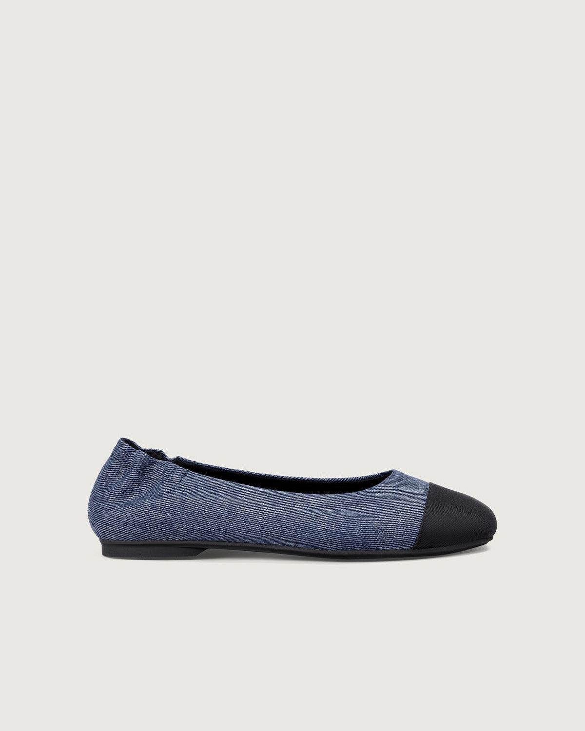 Enfiis Blue Twill Denim Square Toe Ballet Flats Product Image