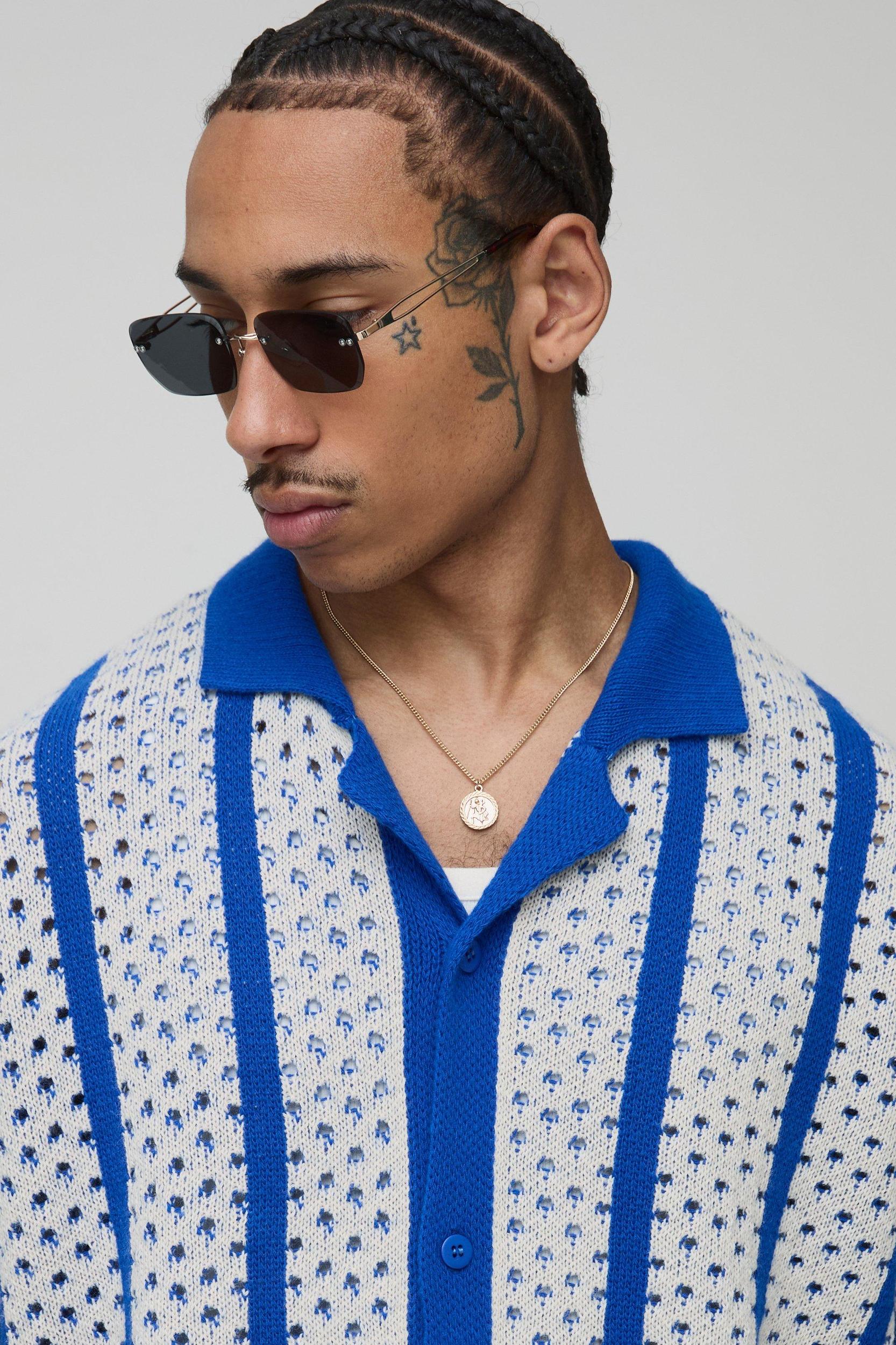 Boxy Stripe Open Stitch Knitted Shirt | boohooMAN USA Product Image