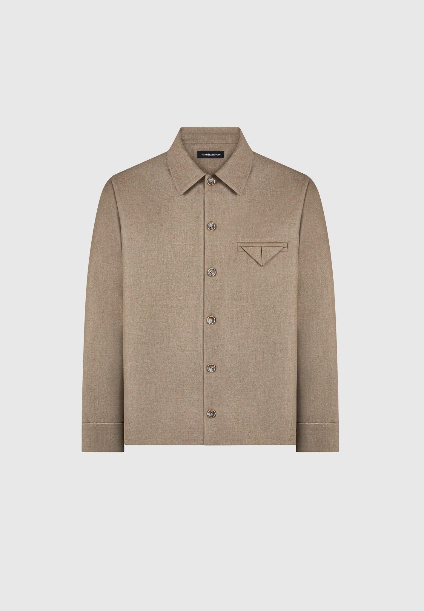 Leo - Hatched Tailored Long Sleeve Overshirt - Khaki Male Product Image