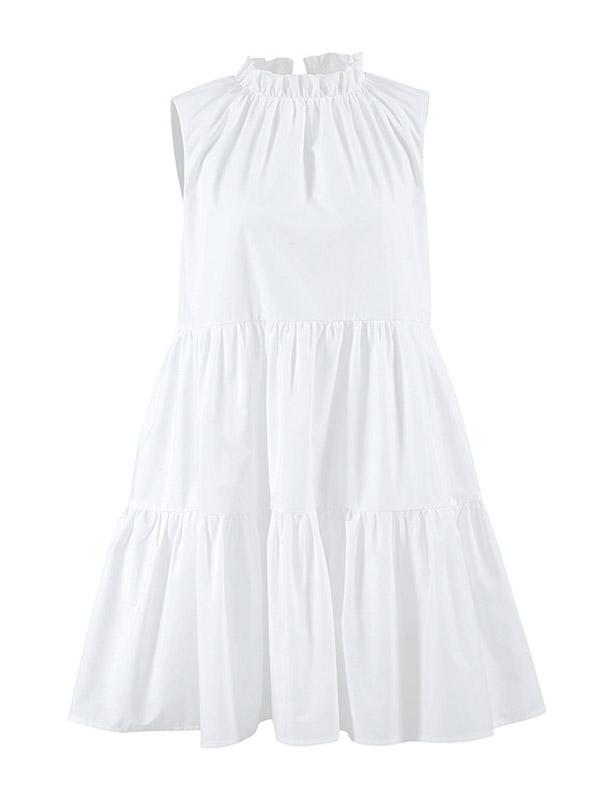 A-Line Loose Pleated Ruffled Solid Color Split-Joint Round-Neck Mini Dresses Shirt Dress Product Image