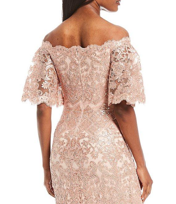 Tadashi Shoji Off-the-Shoulder Short Flutter Sleeve Sequin Lace Scalloped Hem Gown Product Image