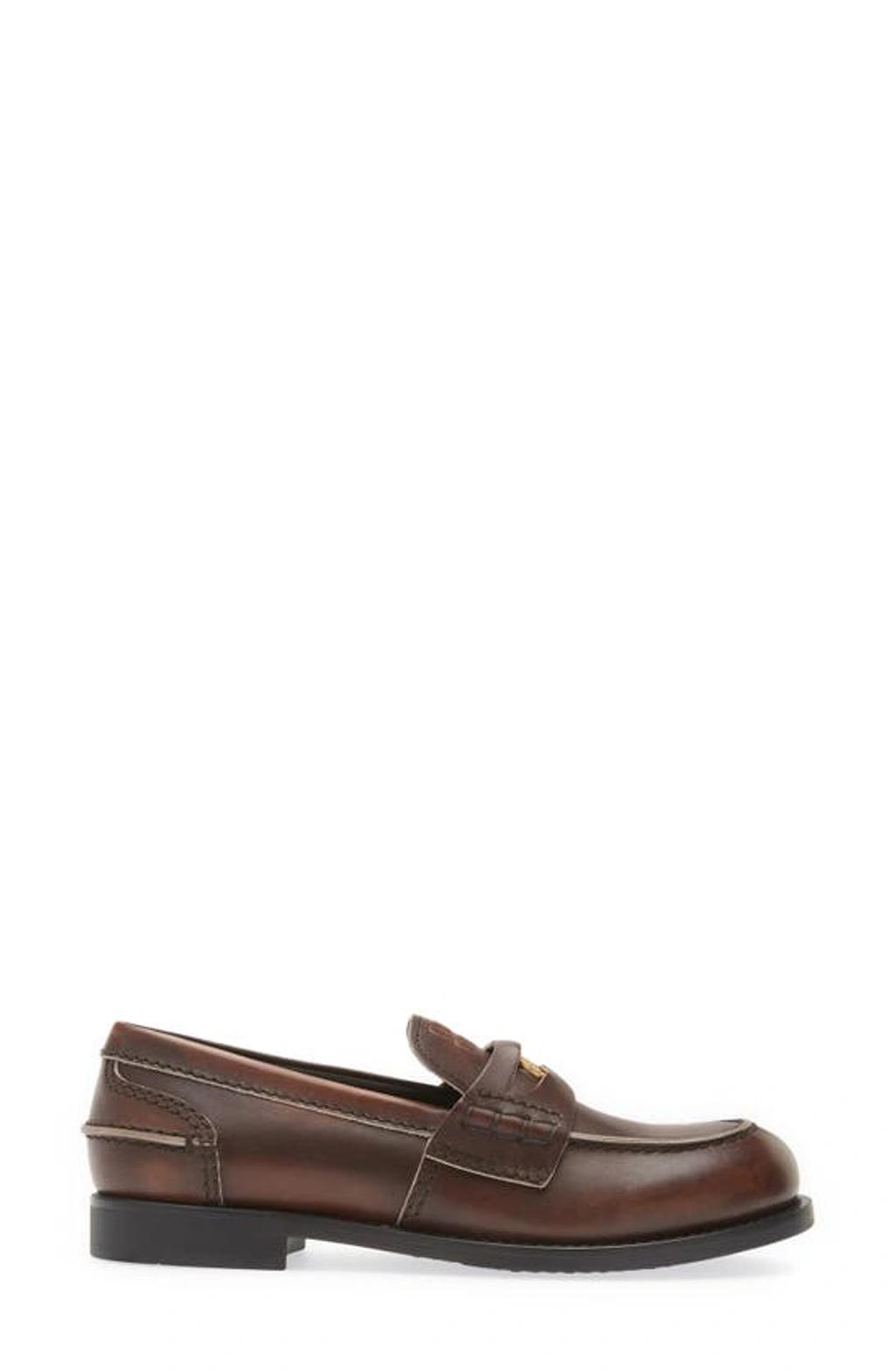 MIU MIU Leather Distressed Penny Loafers In Brown Product Image