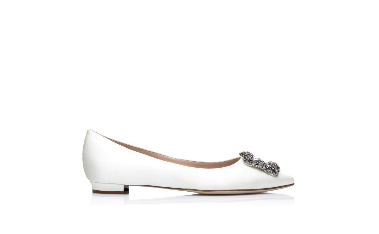 HANGISIFLAT White Satin Jewel Buckle Flats Product Image