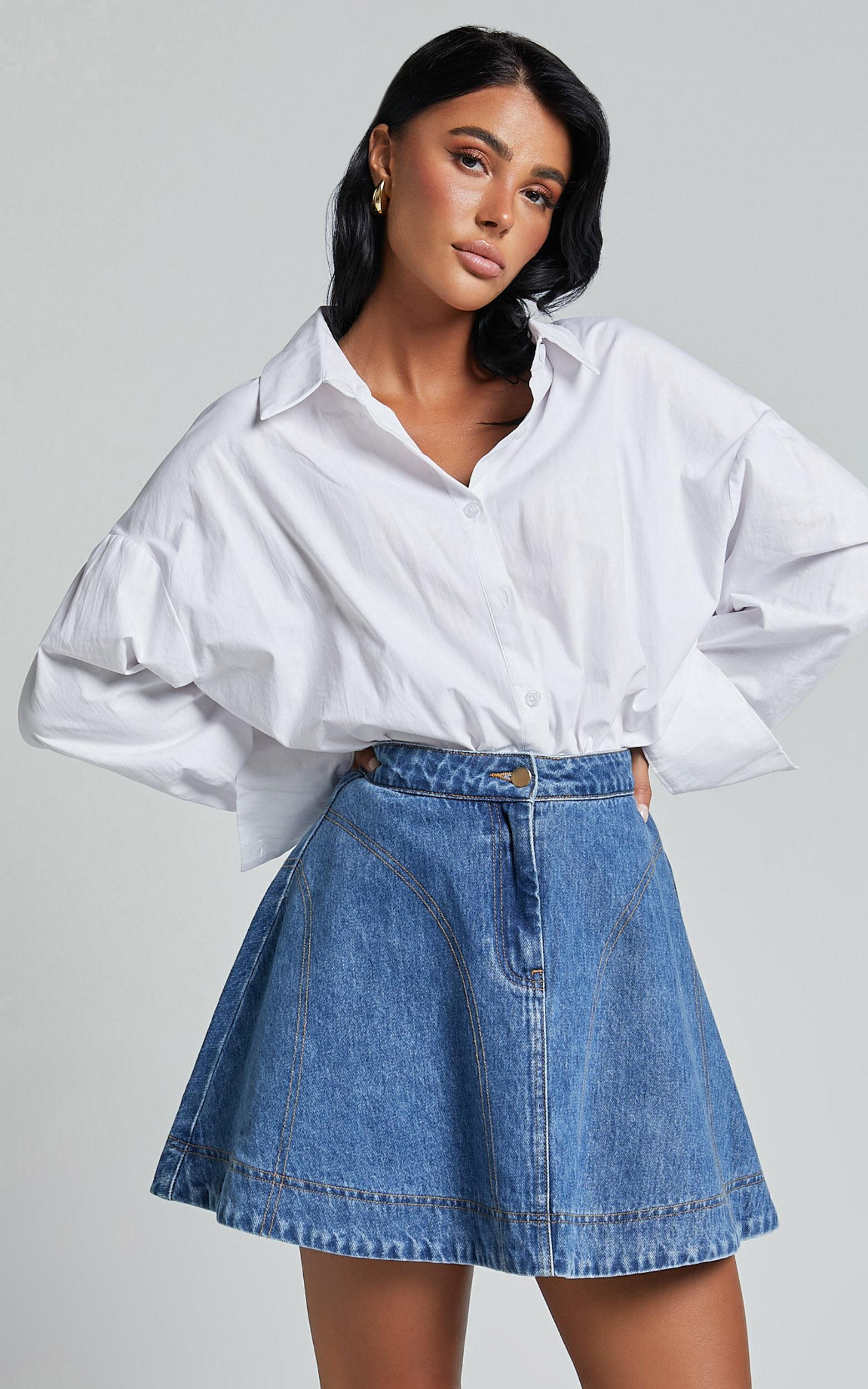 Koemi Skirt - High Waisted Denim Flare in Mid Blue Wash Product Image