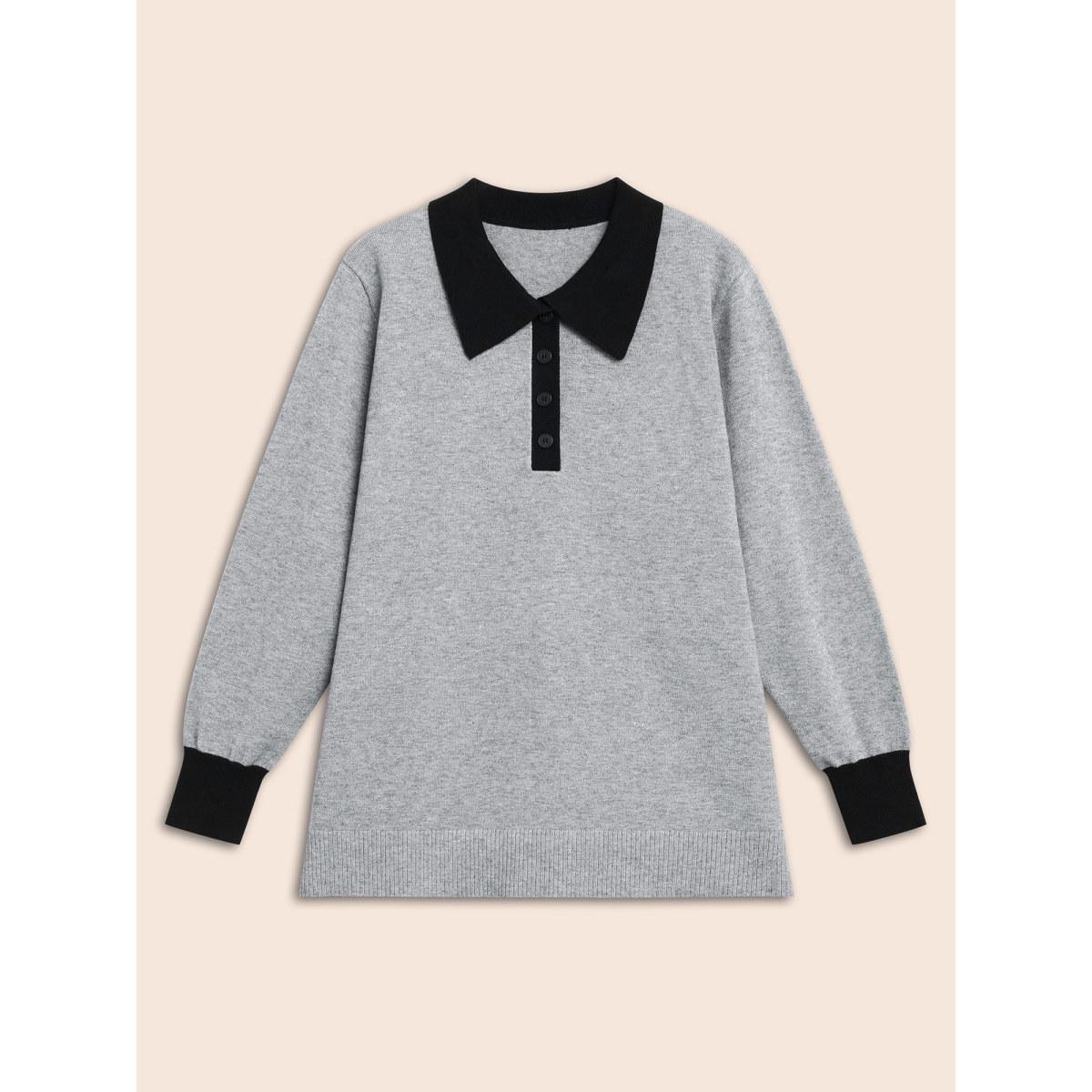 Plus Size Supersoft Essentials Contrast Polo Neck Button Up Pullover Mediumgray Women Casual Loose Long Sleeve Polo Everyday Pullovers BloomChic 26/4X Product Image