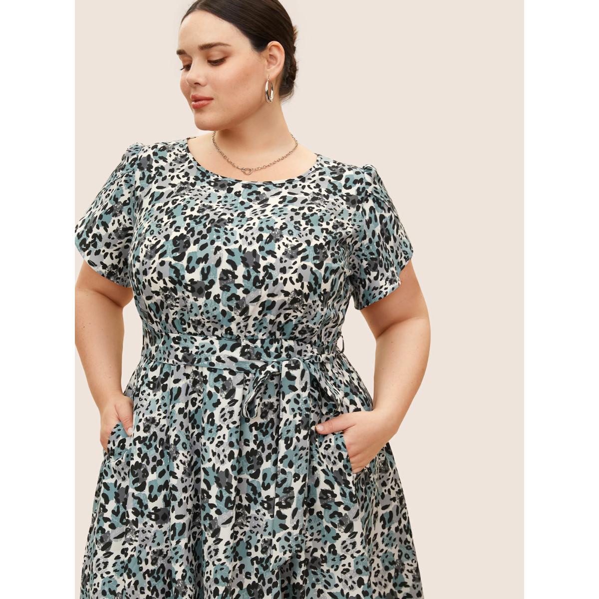 Plus Size Leopard Print Petal Sleeve Belted Dress Teal Women At the Office Belted Round Neck Short sleeve Curvy BloomChic 18-20/2X Product Image