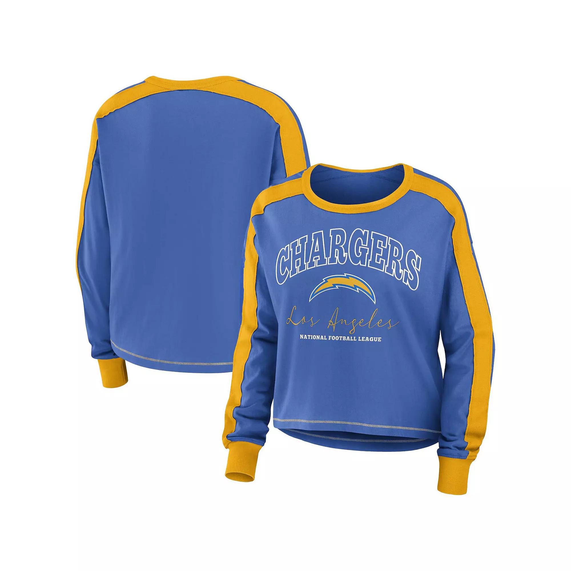 Women's WEAR by Erin Andrews Powder Blue/Gold Los Angeles Chargers Color Block Long Sleeve T-Shirt,  Product Image
