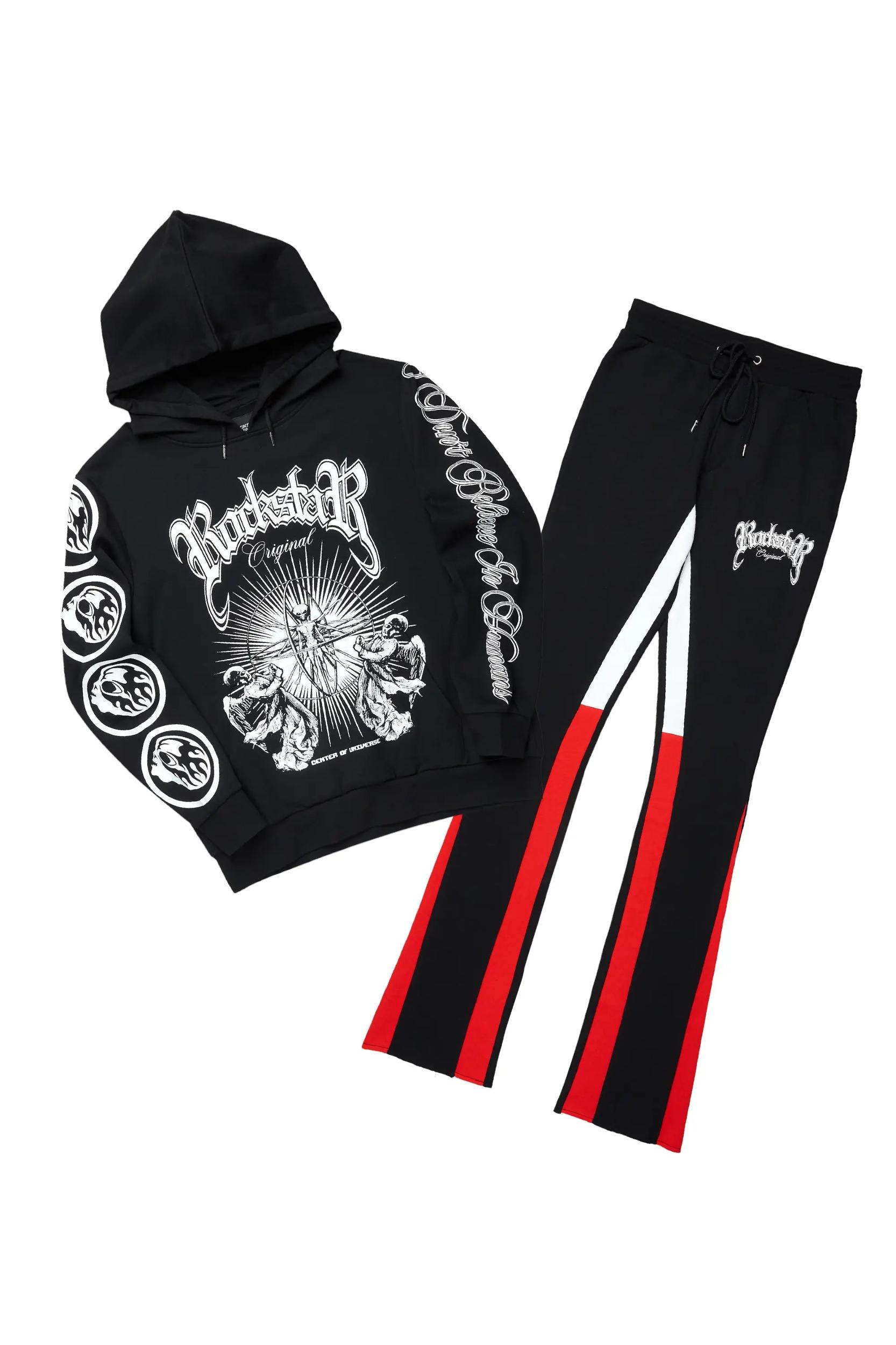 Yarden Black/Red Graphic Hoodie/Stacked Flare Pant Track Set Male Product Image