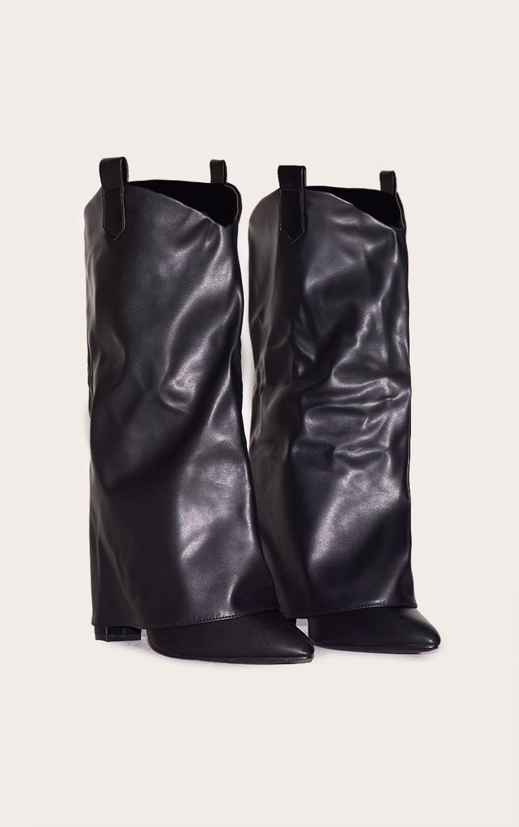 Black Wide Fit Pu Point Toe Fold Over High Heeled Calf High Boots Product Image