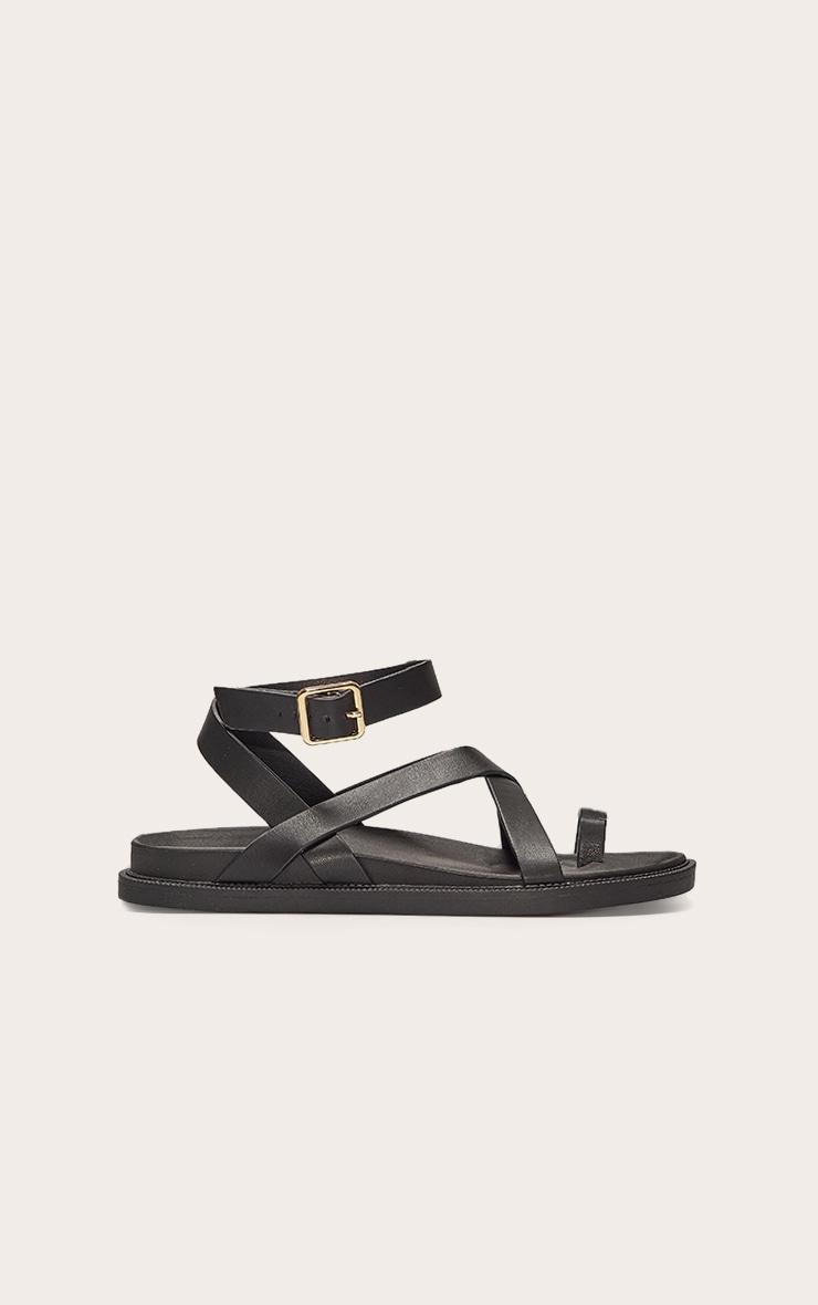 Black Pu Round Toe Gold Toe Loop Strappy Footbed Sandals Product Image